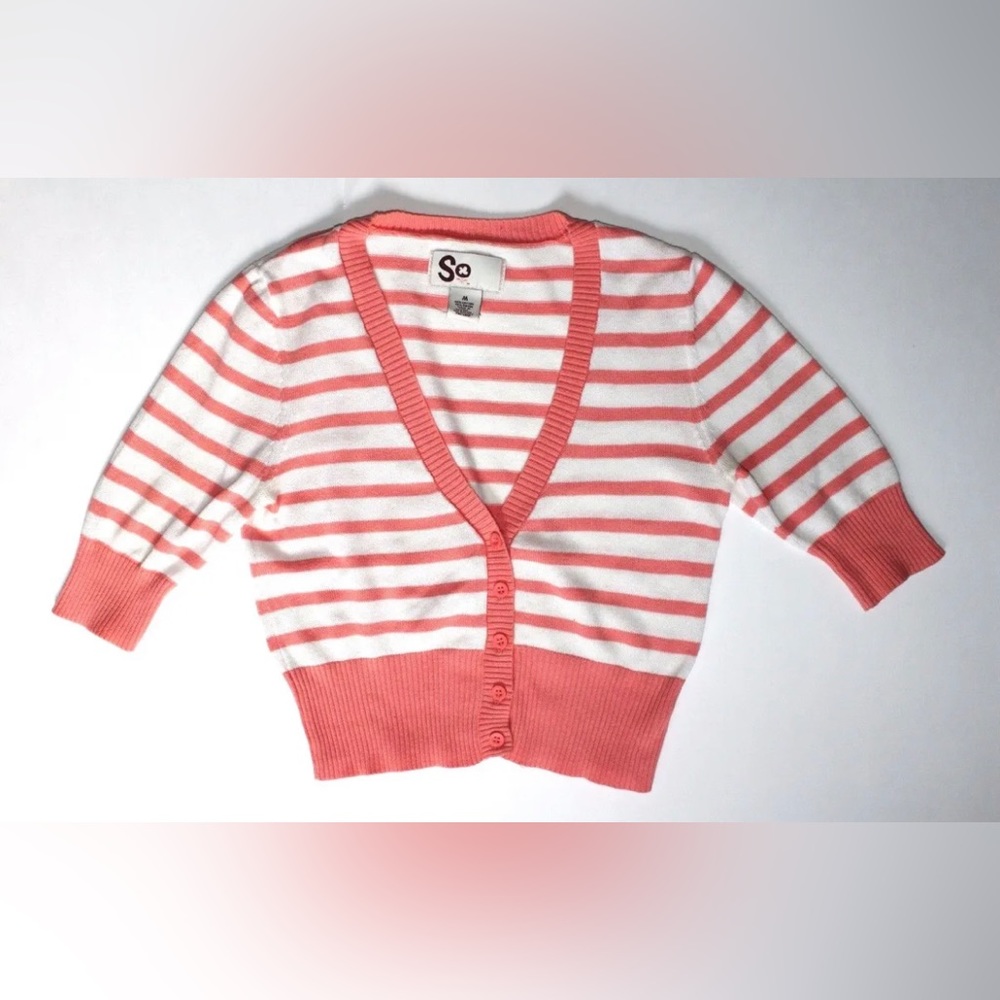🆕 SO pink and white striped button up cropped cardigan | Junior M